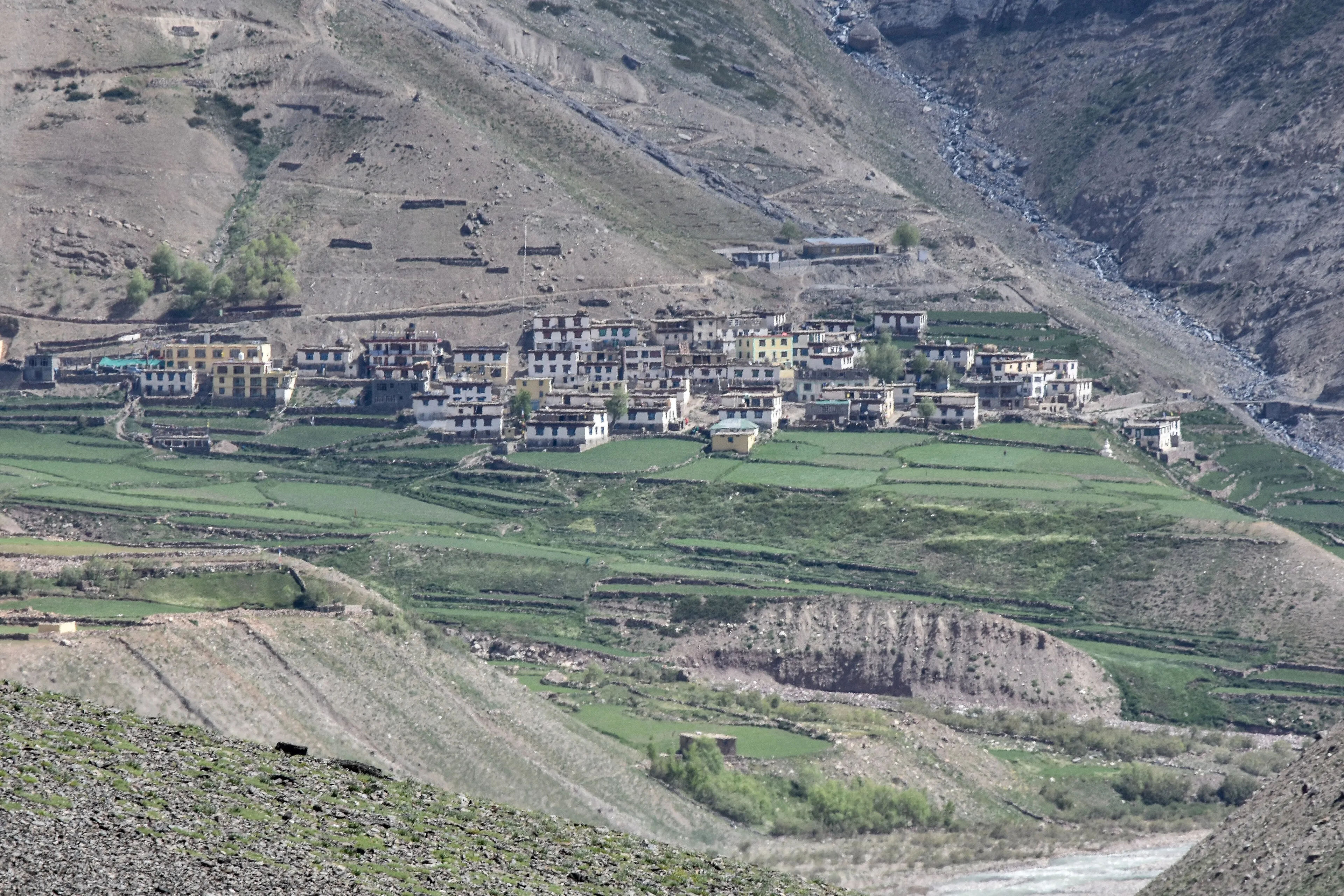 Panorama of the Spiti Valley cold desert beneath snow-capped Himalayan peaks